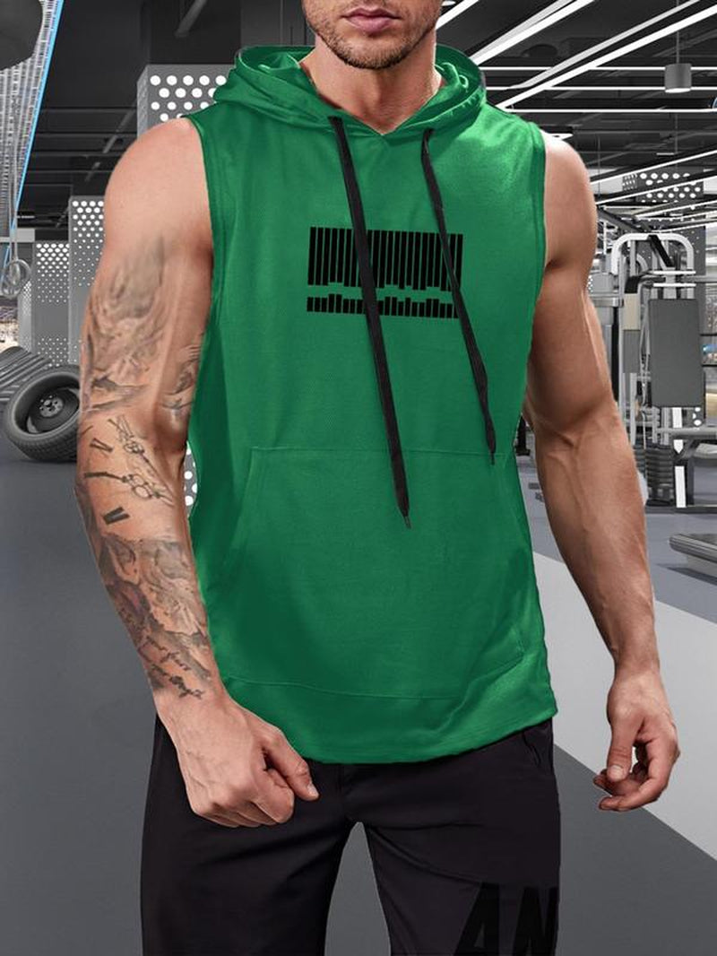 Men'S Graphic Drawstring Hooded Sports Tank Top, Regular Fit Sleeveless Sweat Activated Sports Top, Summer Outfits 2024, Men'S Sportswear Clothing